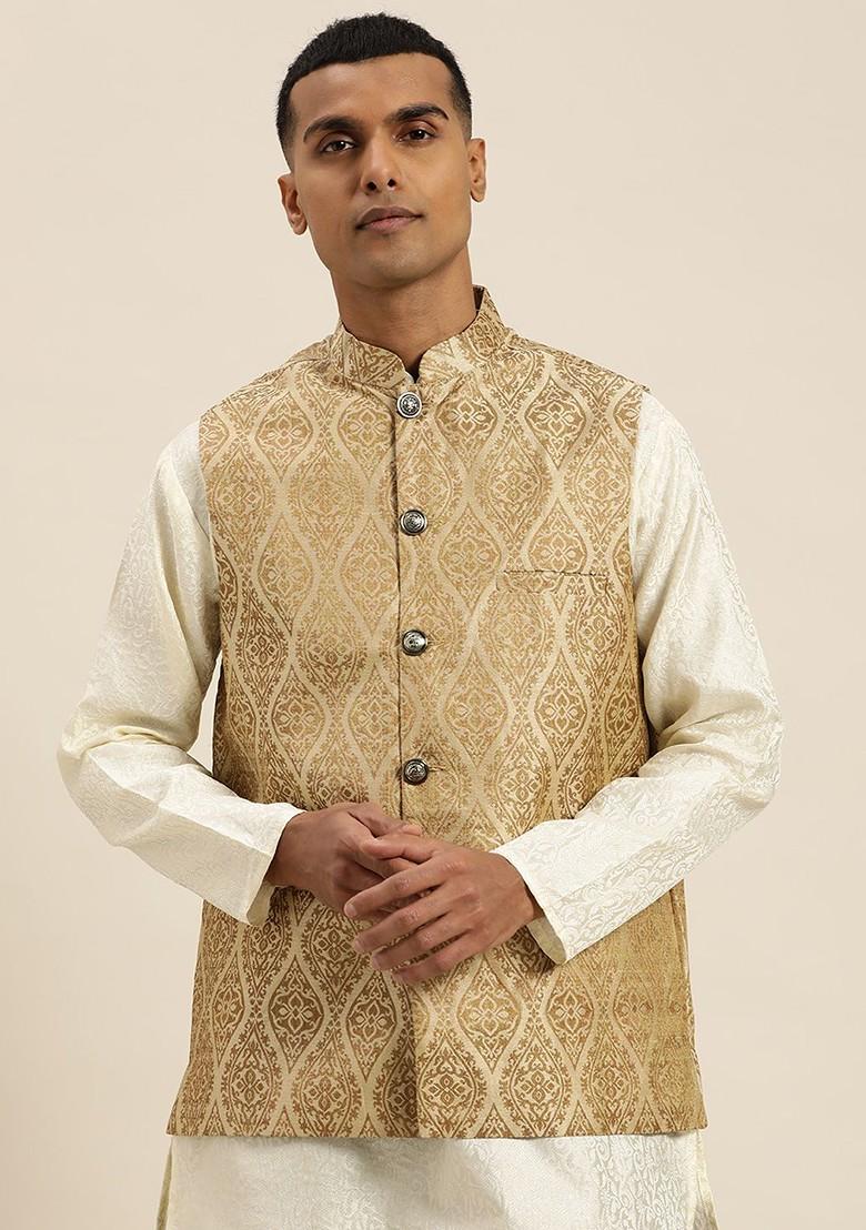 Beige Woven Silk Nehru Jackets For Men