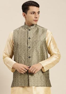 Brown Woven Silk Nehru Jackets For Men