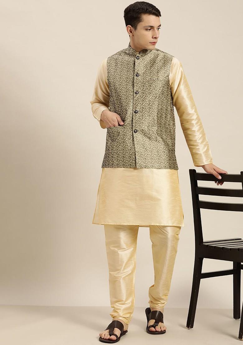 Brown Woven Silk Nehru Jackets For Men