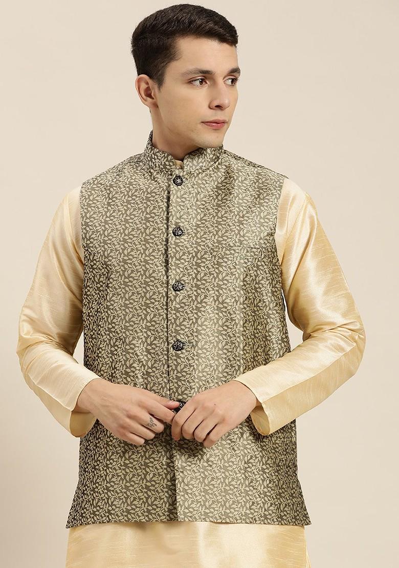 Brown Woven Silk Nehru Jackets For Men