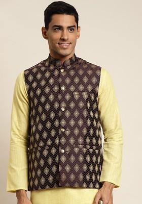Burgundy Woven Jacquard Nehru Jackets For Men