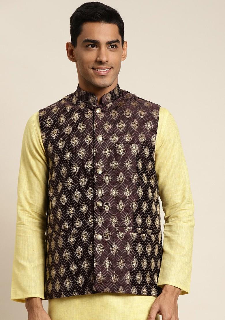 Burgundy Woven Jacquard Nehru Jackets For Men