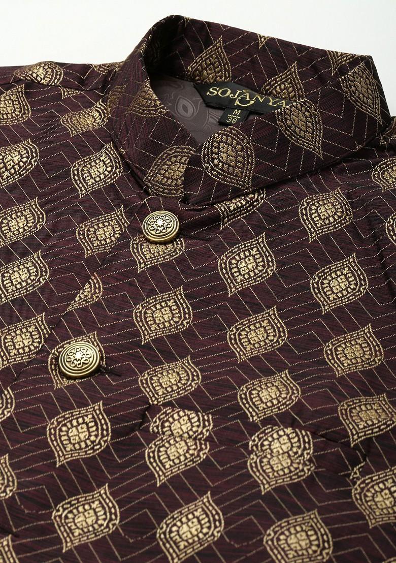 Burgundy Woven Jacquard Nehru Jackets For Men