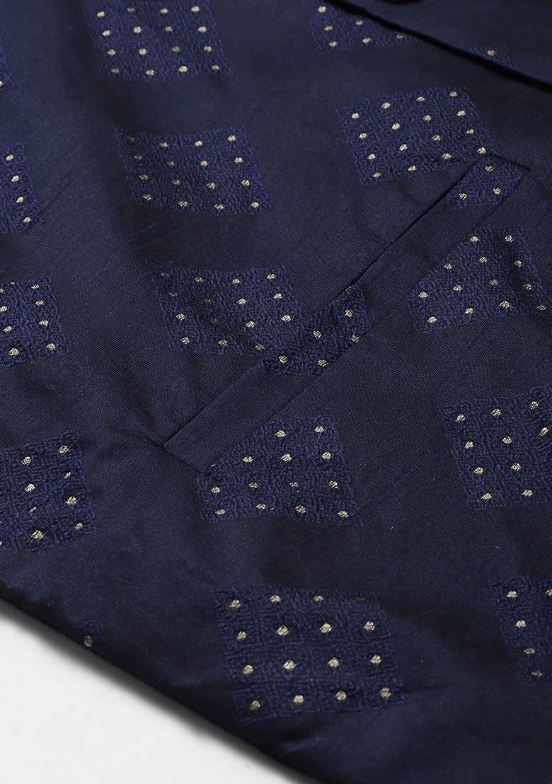 Navy Blue Woven Poly Blend Nehru Jackets For Men