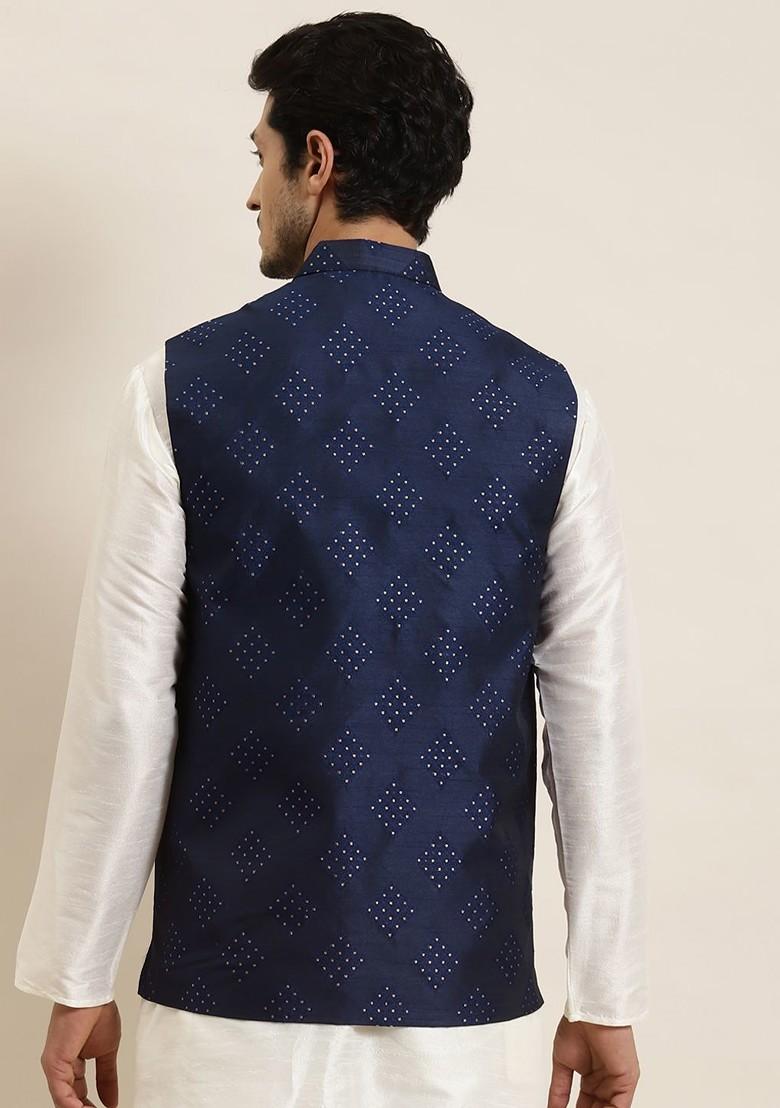 Navy Blue Woven Poly Blend Nehru Jackets For Men