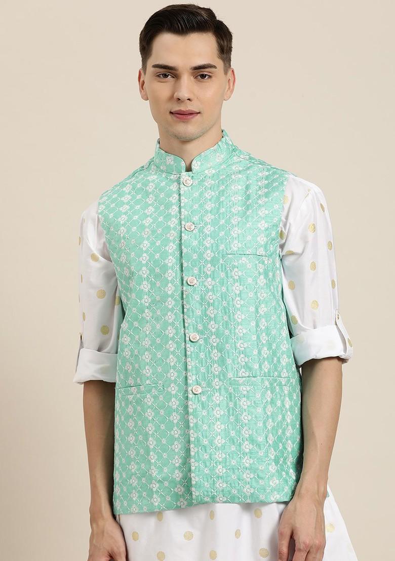 Sea Green Embroidered Poly Blend Nehru Jackets For Men