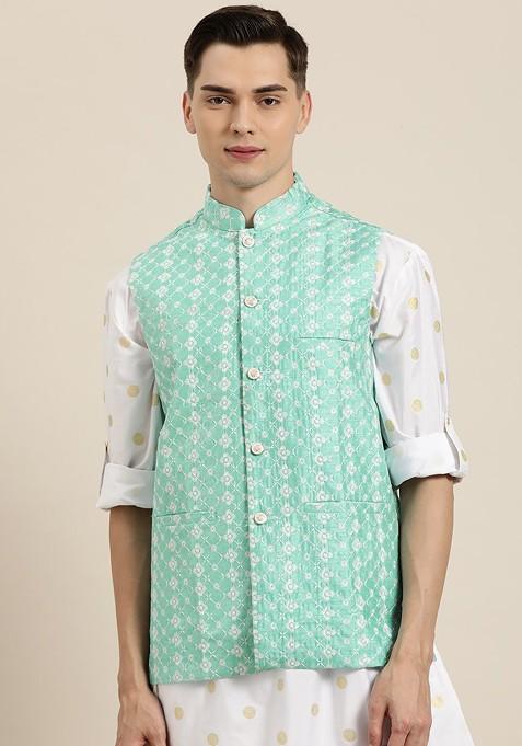 Sea Green Embroidered Poly Blend Nehru Jackets For Men