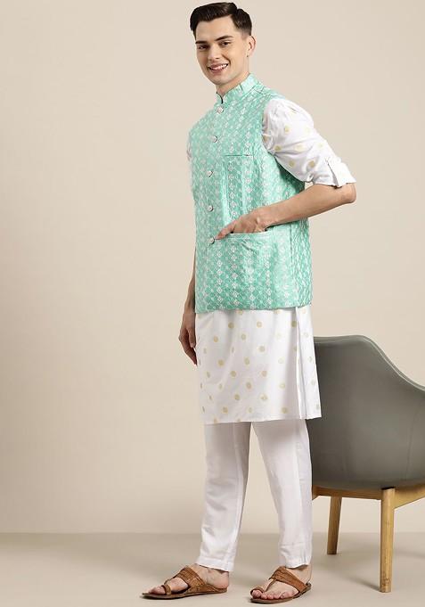 Sea Green Embroidered Poly Blend Nehru Jackets For Men
