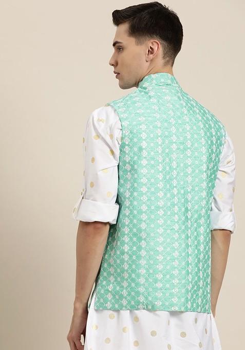 Sea Green Embroidered Poly Blend Nehru Jackets For Men