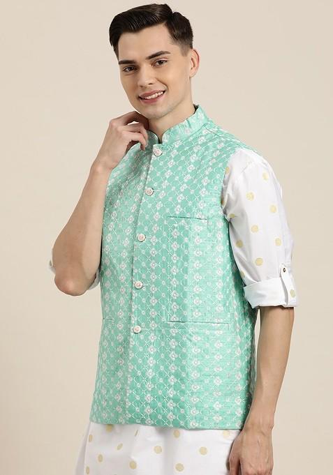 Sea Green Embroidered Poly Blend Nehru Jackets For Men