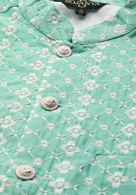 Sea Green Embroidered Poly Blend Nehru Jackets For Men