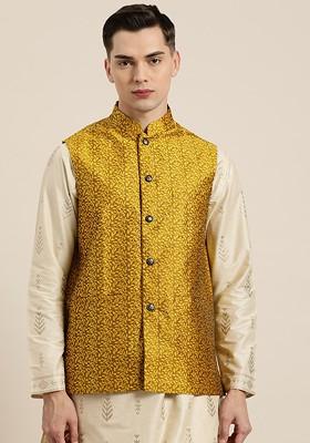 Mustard Solid Jacquard Nehru Jackets For Men