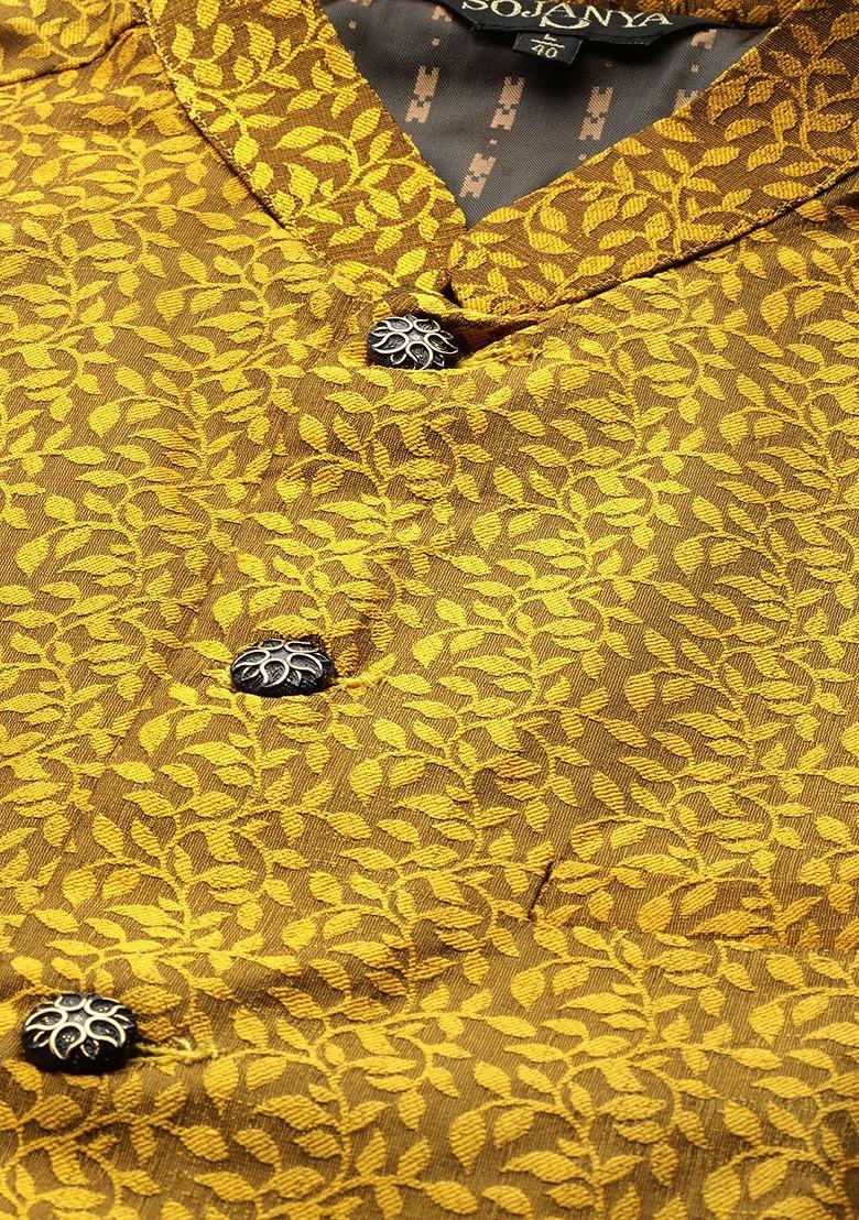 Mustard Solid Jacquard Nehru Jackets For Men