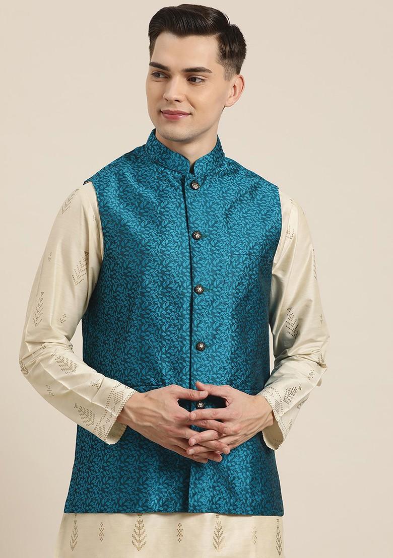 Blue Solid Jacquard Nehru Jackets For Men