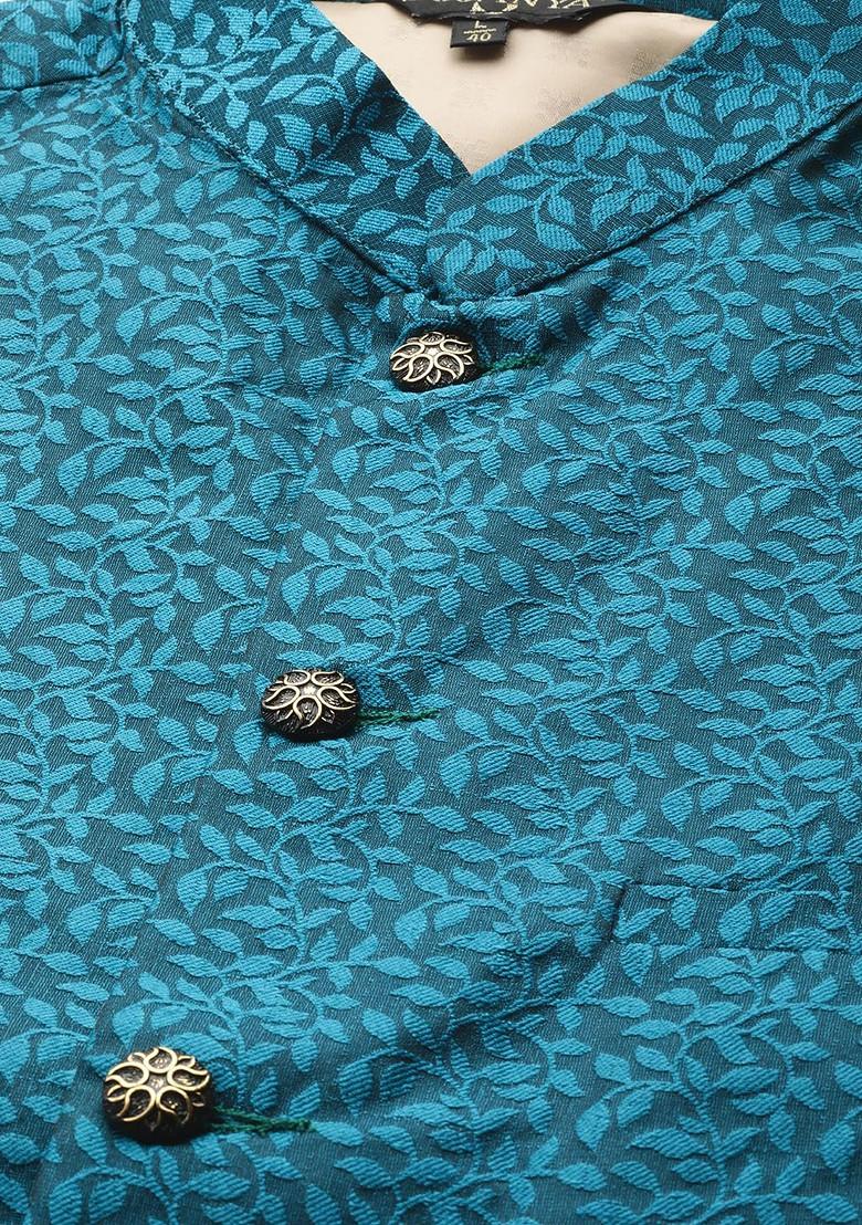 Blue Solid Jacquard Nehru Jackets For Men