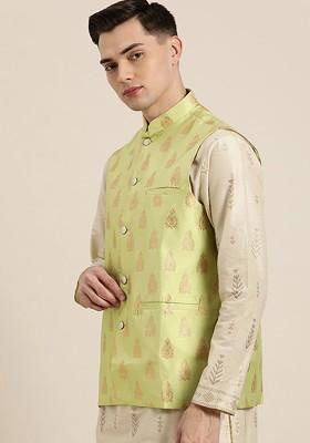 Green Solid Poly Blend Nehru Jackets For Men