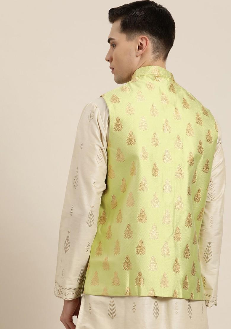 Green Solid Poly Blend Nehru Jackets For Men