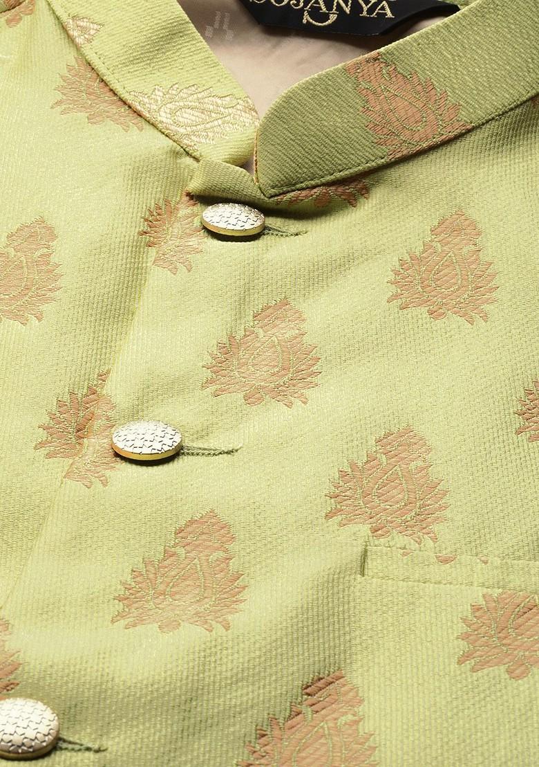 Green Solid Poly Blend Nehru Jackets For Men