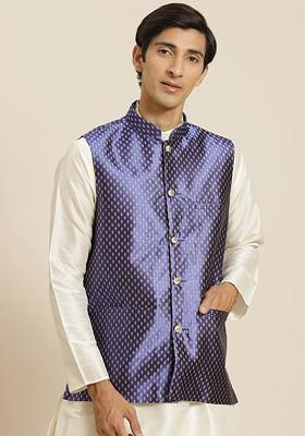 Navy Blue Woven Poly Blend Nehru Jackets For Men