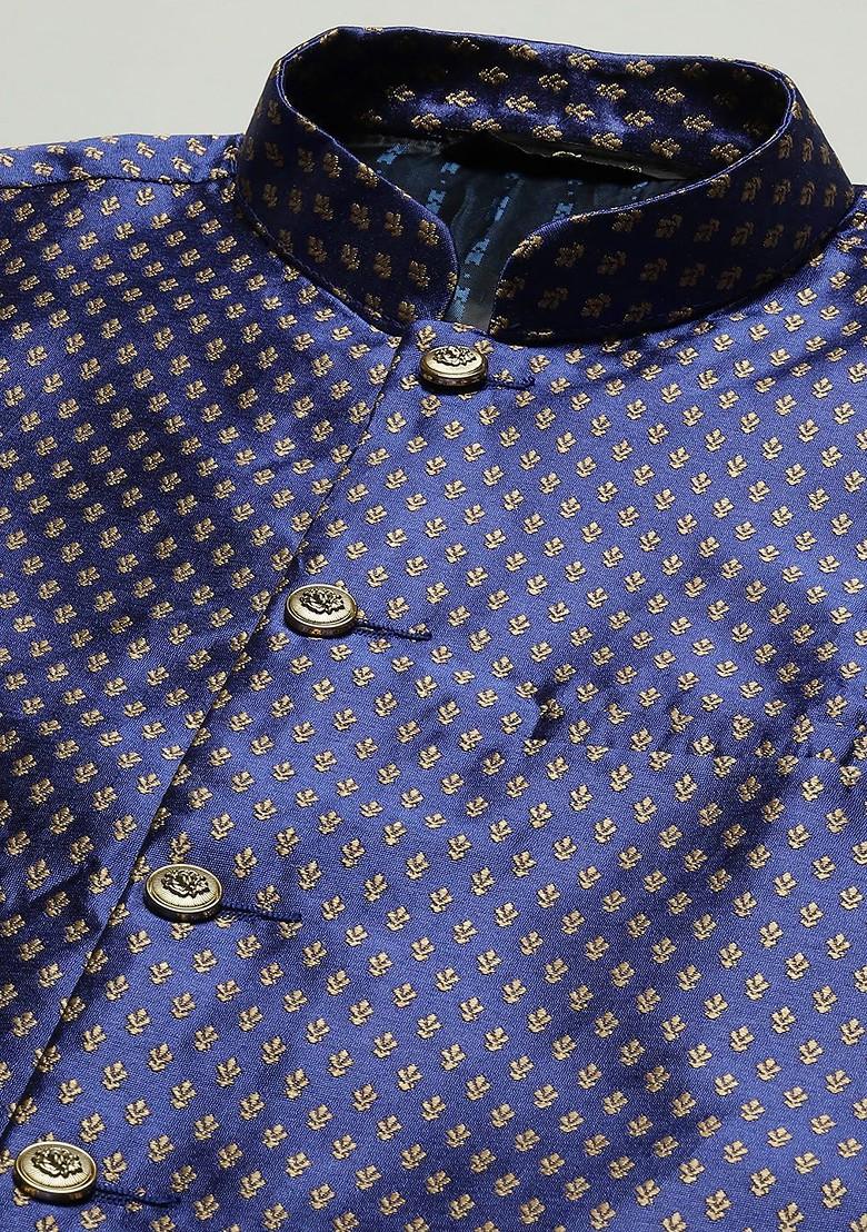 Navy Blue Woven Poly Blend Nehru Jackets For Men