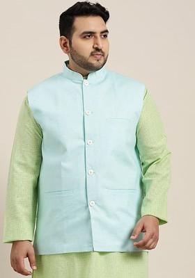 Turquoise Blue Solid Cotton Nehru Jackets For Men