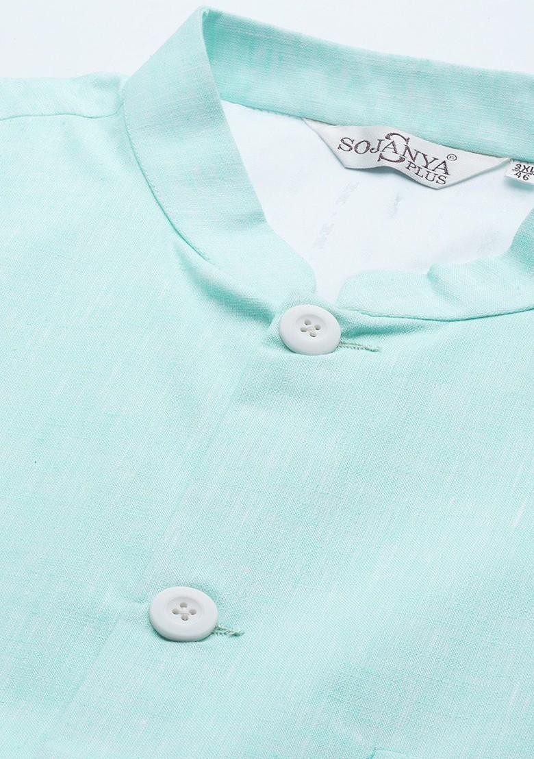 Turquoise Blue Solid Cotton Nehru Jackets For Men