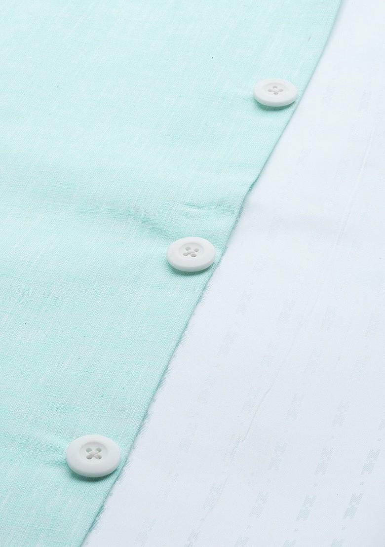 Turquoise Blue Solid Cotton Nehru Jackets For Men