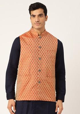 Orange Solid Silk Nehru Jackets For Men