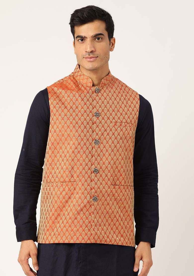 Orange Solid Silk Blend Nehru Jackets For Men - Indya