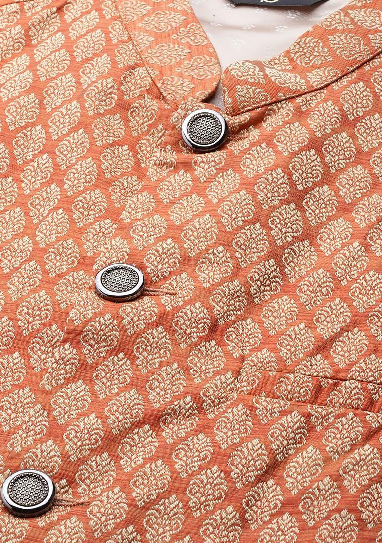 Orange Solid Silk Nehru Jackets For Men