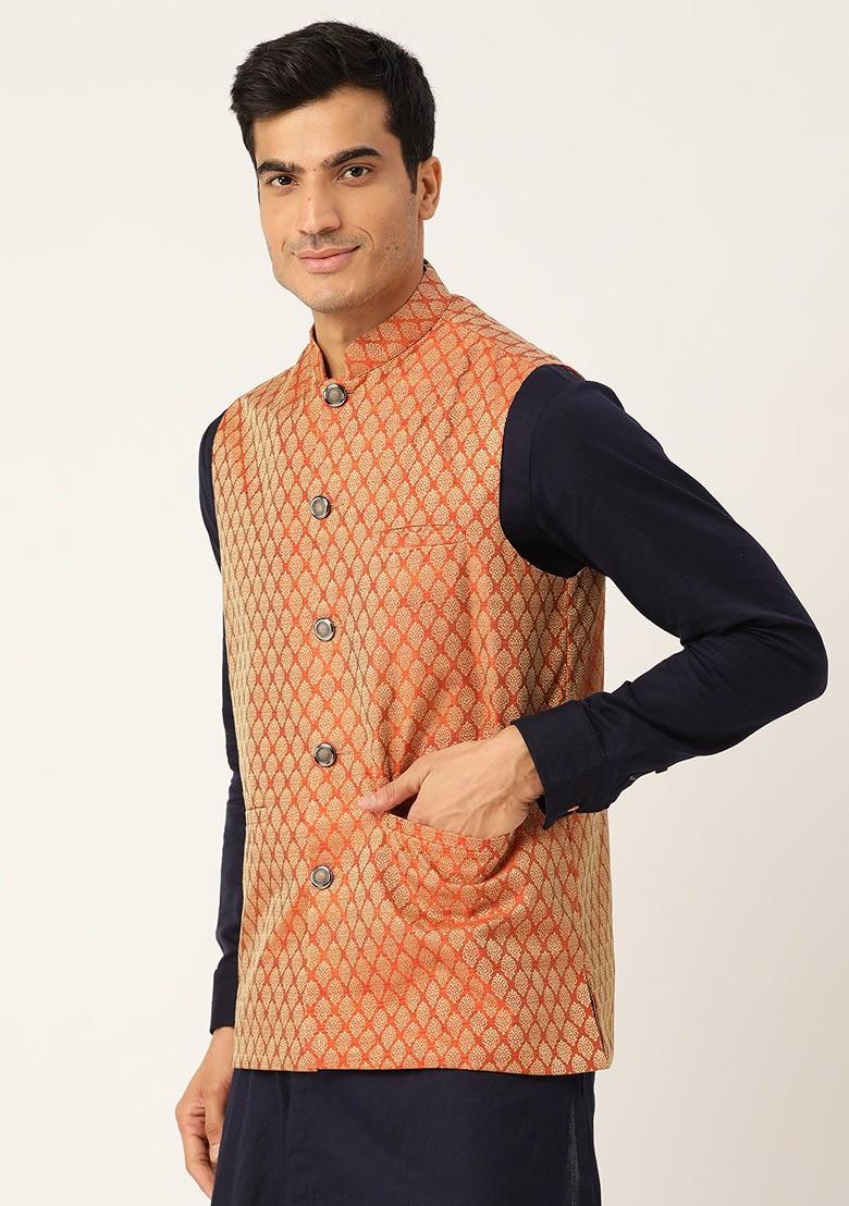 Orange Solid Silk Nehru Jackets For Men