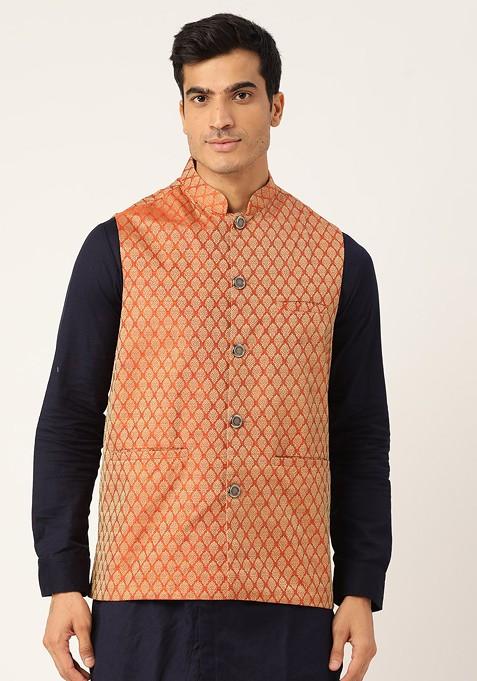 Orange Solid Silk Nehru Jackets For Men — view on Indya