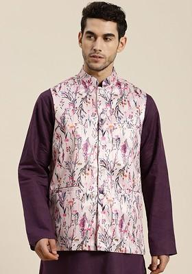 Pink Floral Print Poly Blend Nehru Jackets For Men