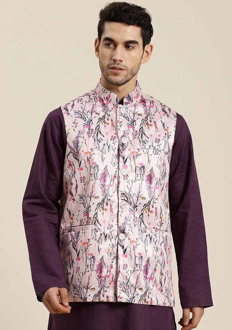 Pink Floral Print Poly Blend Nehru Jackets For Men