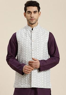 Grey Woven Poly Blend Nehru Jackets For Men