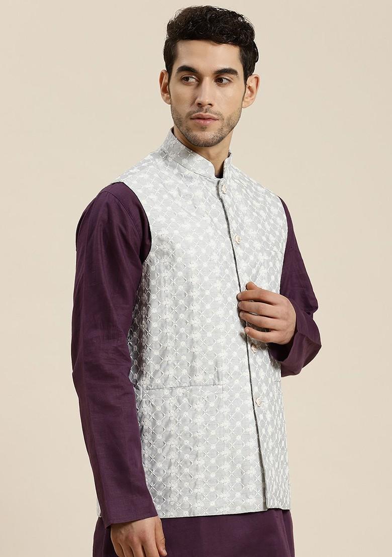 Grey Woven Poly Blend Nehru Jackets For Men