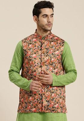 Rust Orange Printed Poly Blend Nehru Jackets For Men