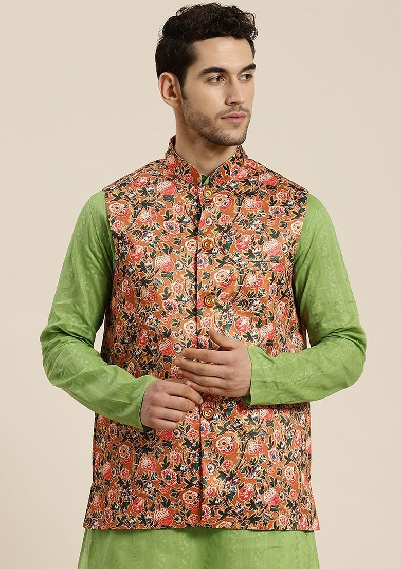 Rust Orange Printed Poly Blend Nehru Jackets For Men
