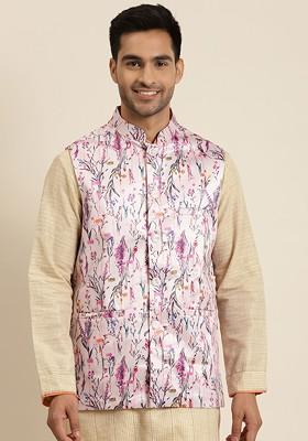 Pink Printed Poly Blend Nehru Jackets For Men