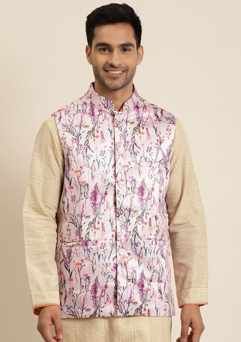 Pink Printed Poly Blend Nehru Jackets For Men