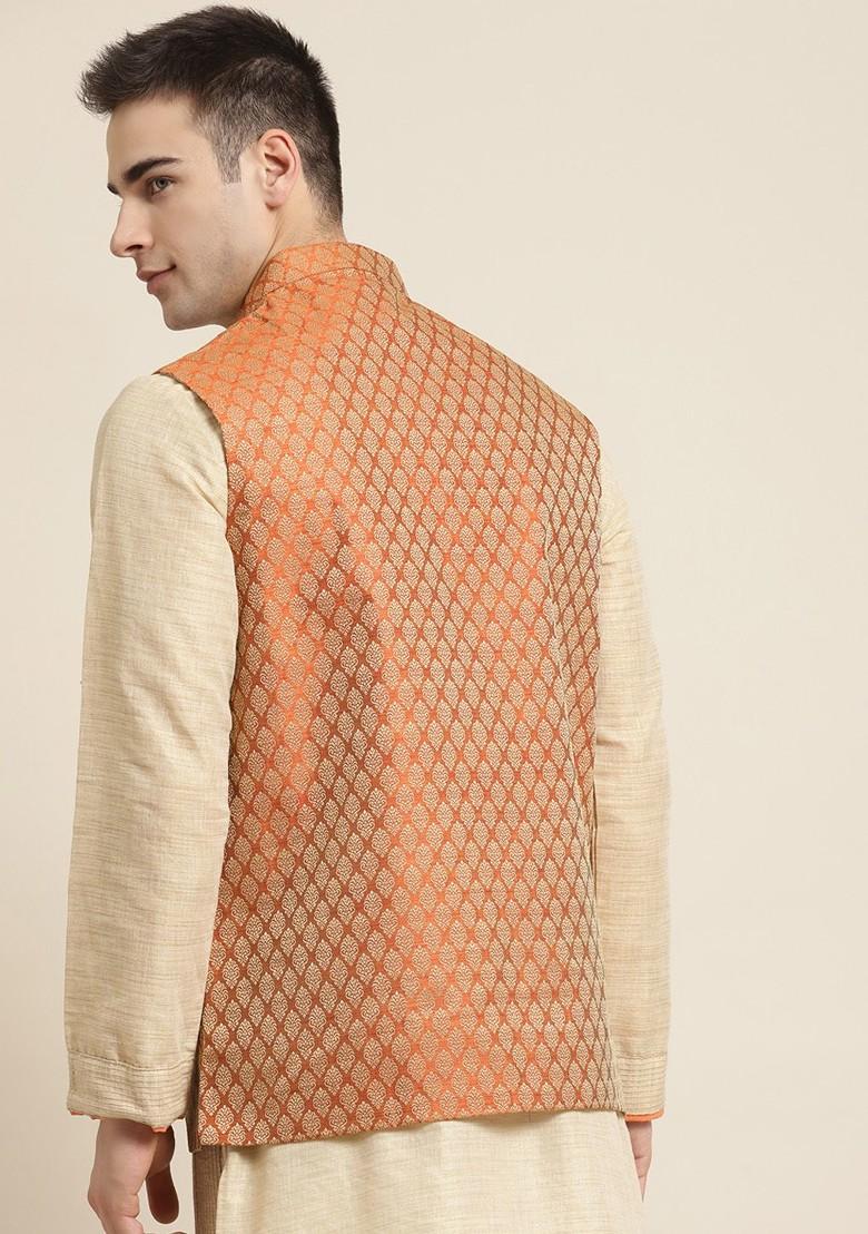 Rust Orange Woven Silk Nehru Jackets For Men