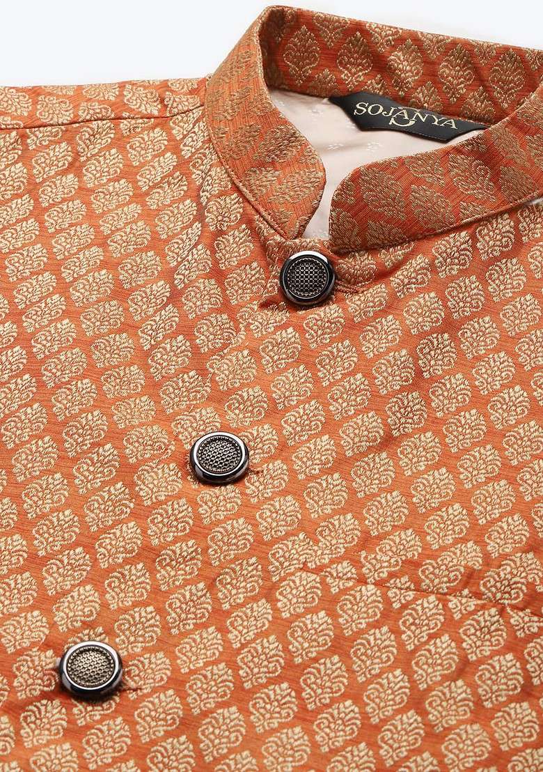 Rust Orange Woven Silk Blend Nehru Jackets For Men - Indya