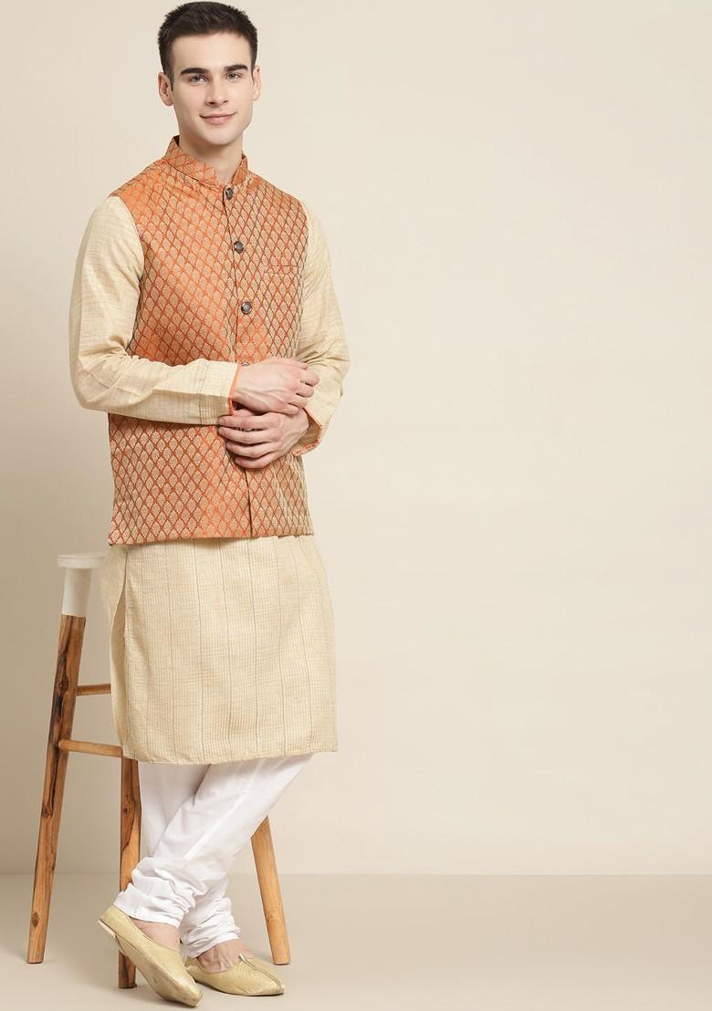 Rust Orange Woven Silk Nehru Jackets For Men