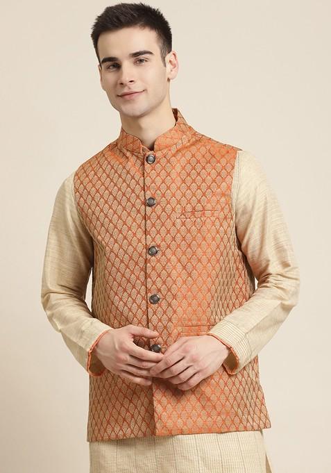 Rust Orange Woven Silk Nehru Jackets For Men — view on Indya