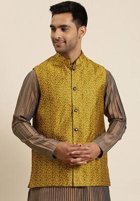 Mustard Woven Jacquard Nehru Jackets For Men