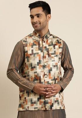 Beige Printed Poly Blend Nehru Jackets For Men