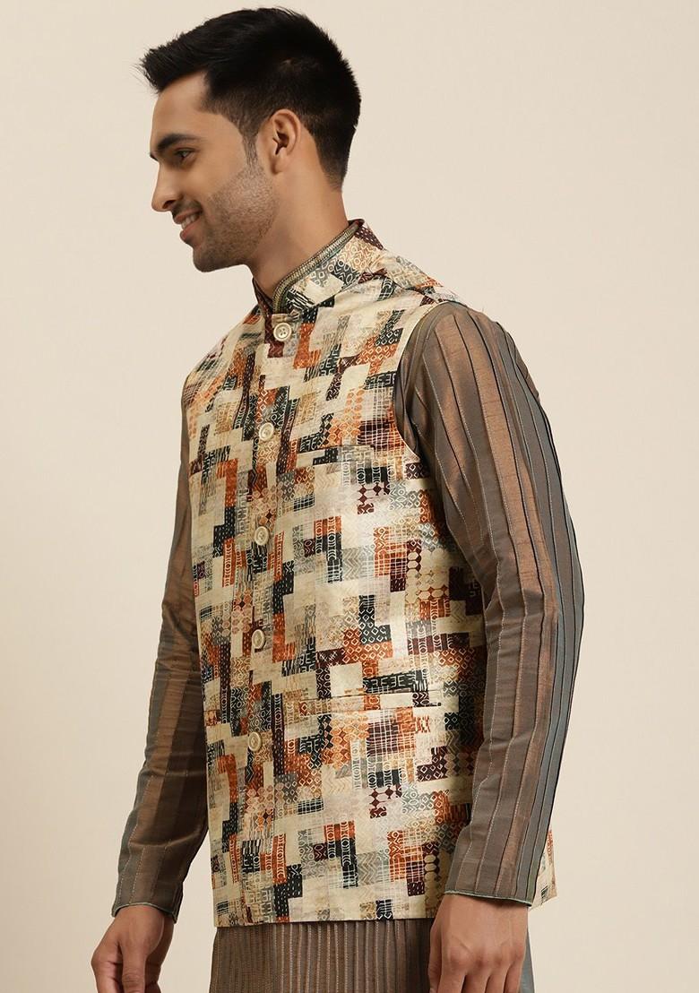Beige Printed Poly Blend Nehru Jackets For Men