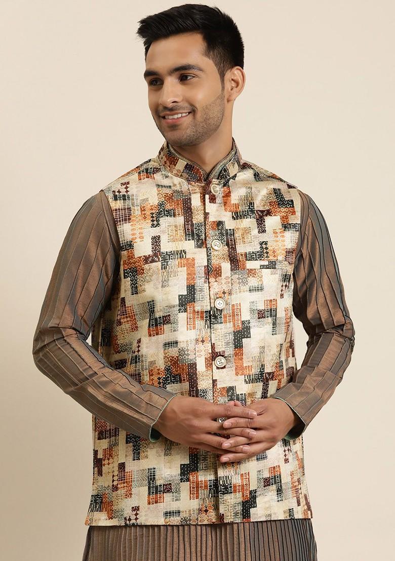 Beige Printed Poly Blend Nehru Jackets For Men