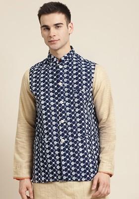 Navy Blue Embroidered Poly Blend Nehru Jackets For Men