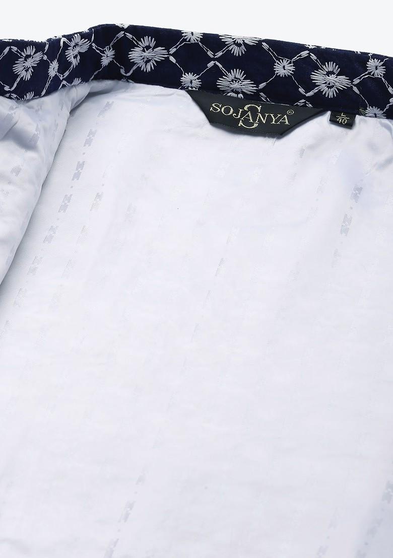 Navy Blue Embroidered Poly Blend Nehru Jackets For Men